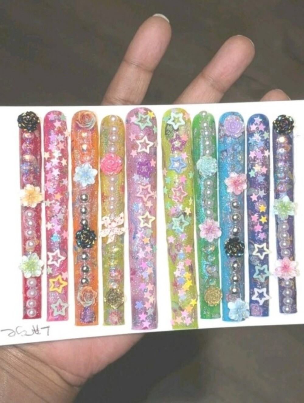 Hand Crafted Custom  6XL Multicolor Glitter Floral Press-On Nails Size Large